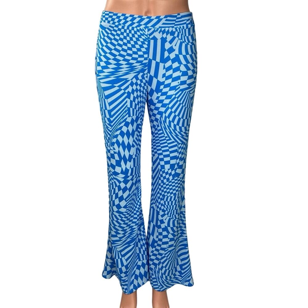 Wild Fable Blue Disco Checkered Flare Stretch High Rise Pull On Trouser Pant S